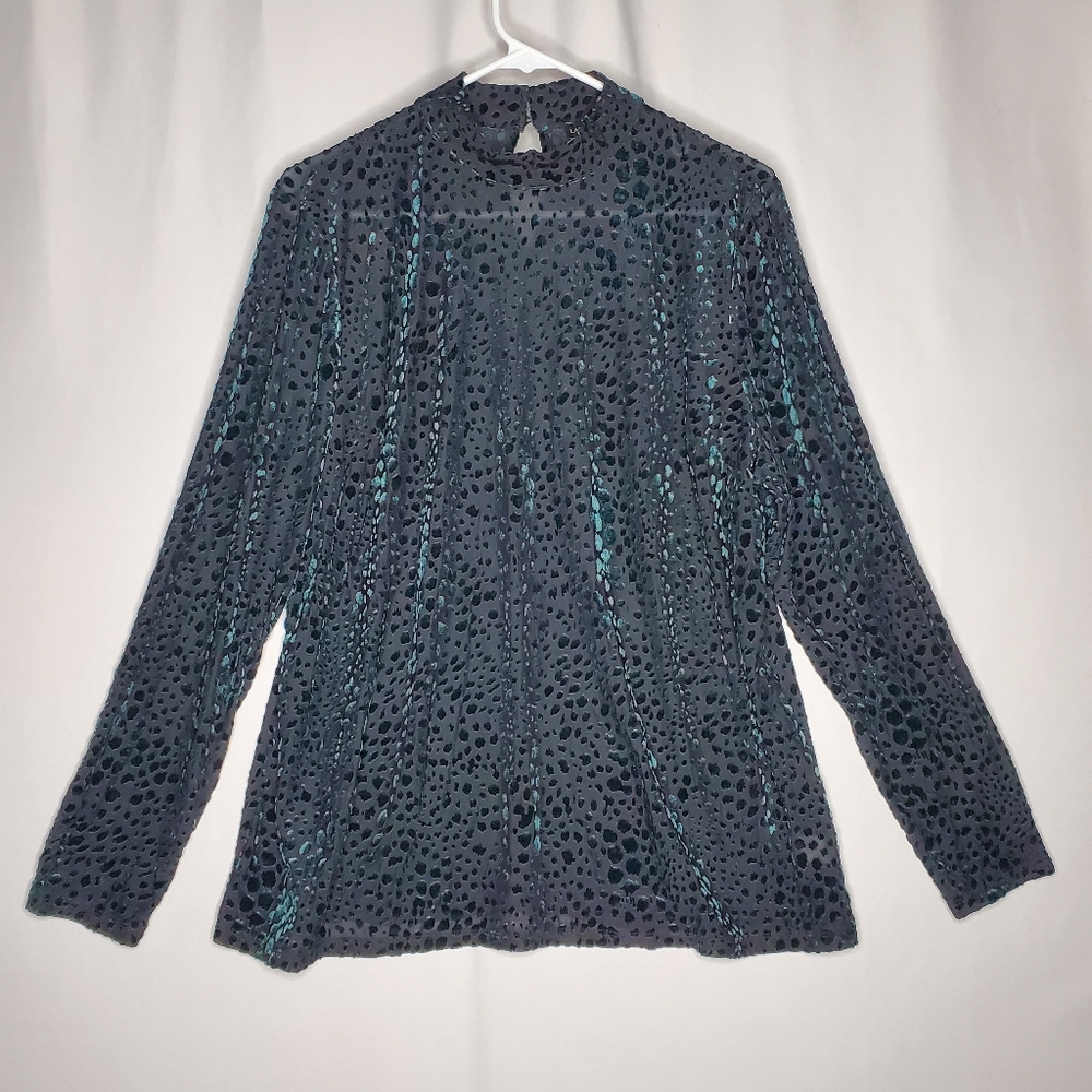 Lane Bryant Velvet‎ Burnout Top 18/20 Teal Leopard Mock Neck Long Sleeve Witchy